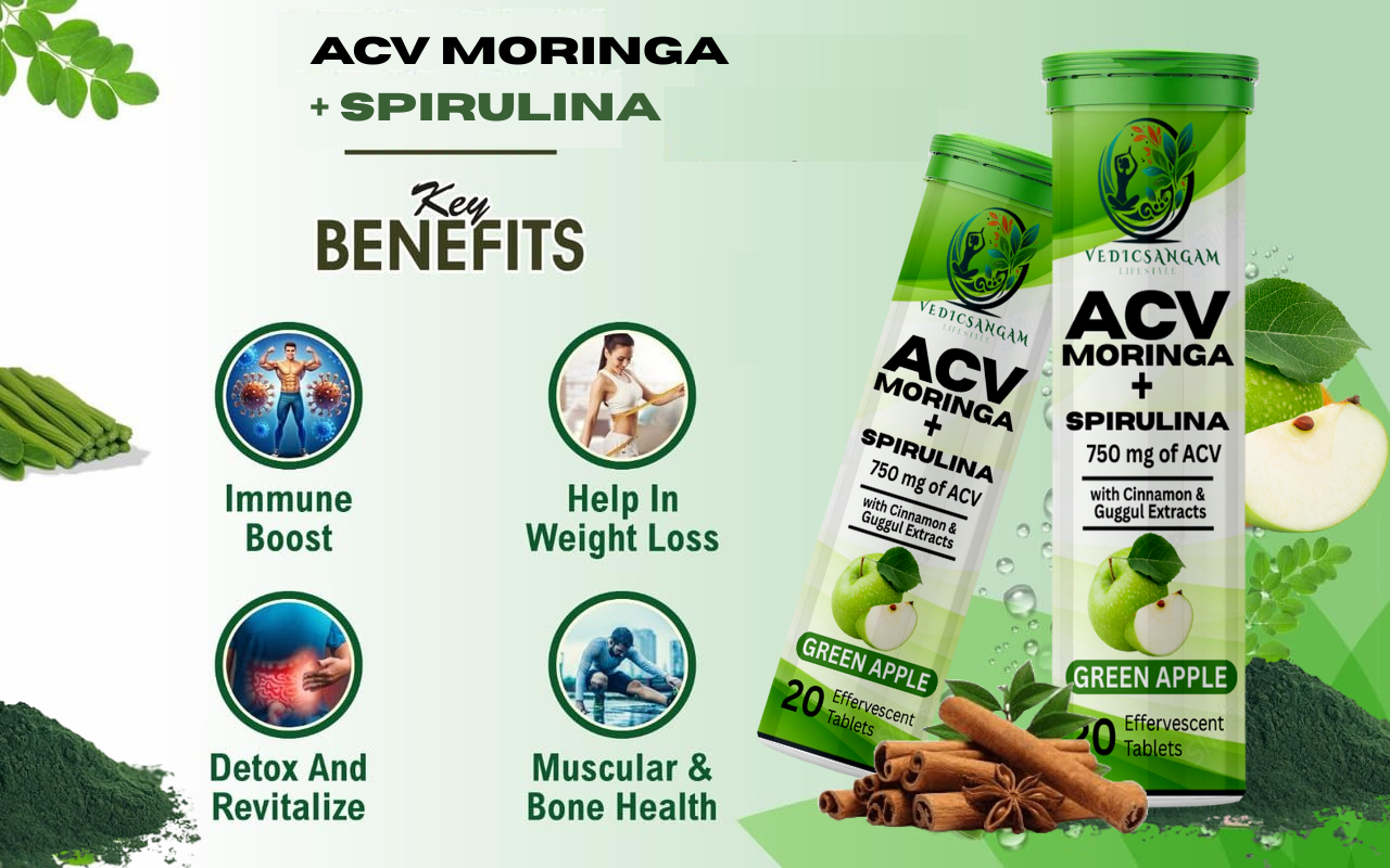 ACV Moringa & Spirulina Effervescent Tablets | Control Cravings | Apple Cider Vinegar, Cinnamon & Guggul | No Maltodextrin & No Added Sugar (PACK OF 2)