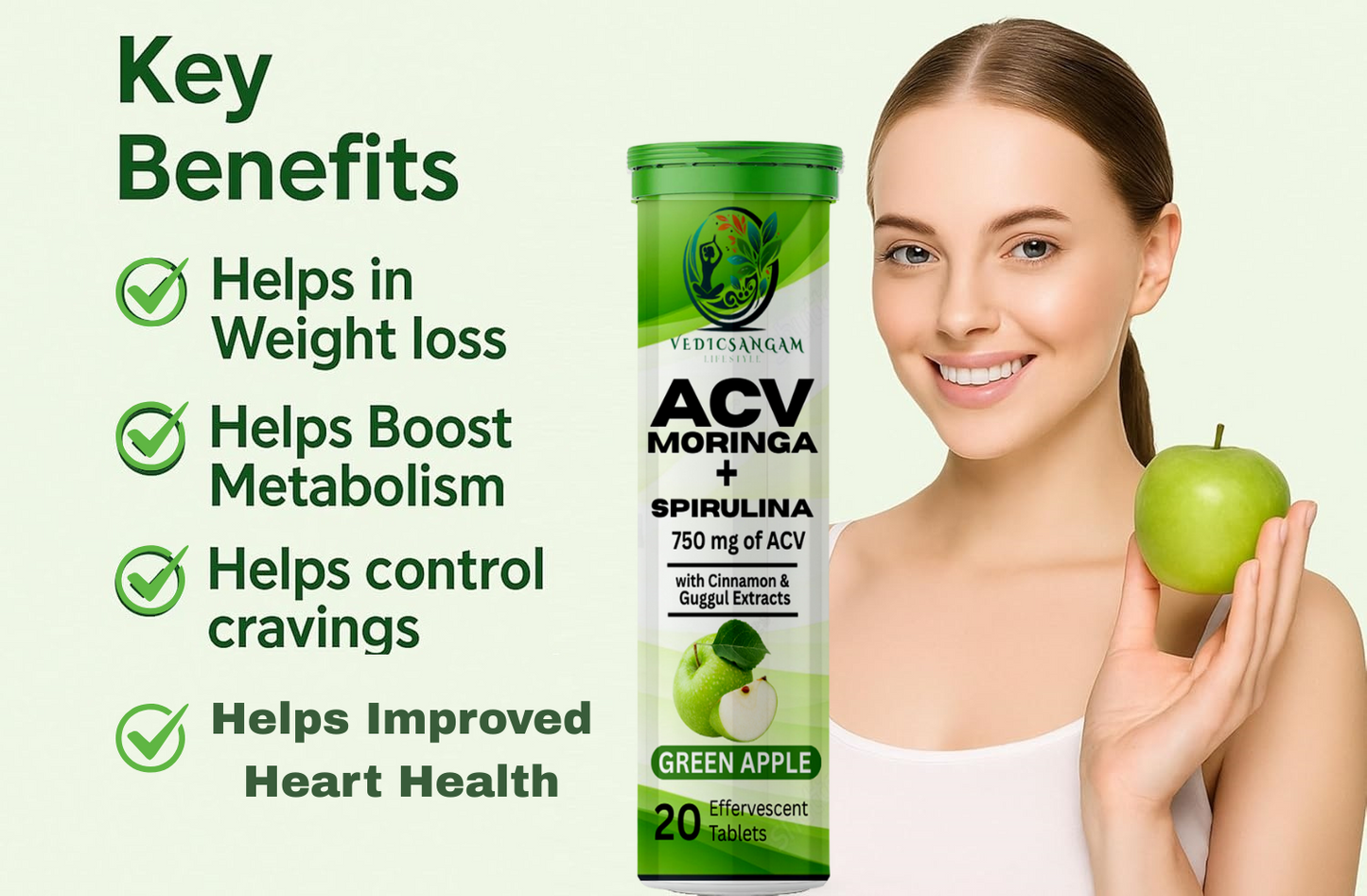 ACV Moringa & Spirulina Effervescent Tablets | Control Cravings | Apple Cider Vinegar, Cinnamon & Guggul | No Maltodextrin & No Added Sugar (PACK OF 2)