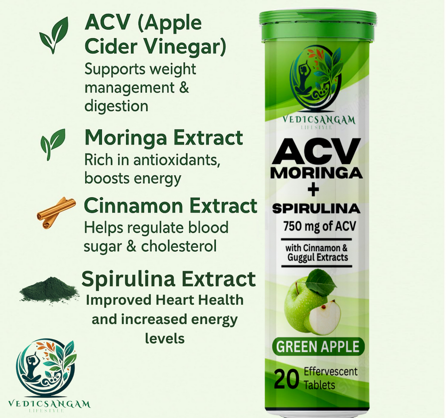 ACV Moringa & Spirulina Effervescent Tablets | Control Cravings | Apple Cider Vinegar, Cinnamon & Guggul | No Maltodextrin & No Added Sugar (PACK OF 2)