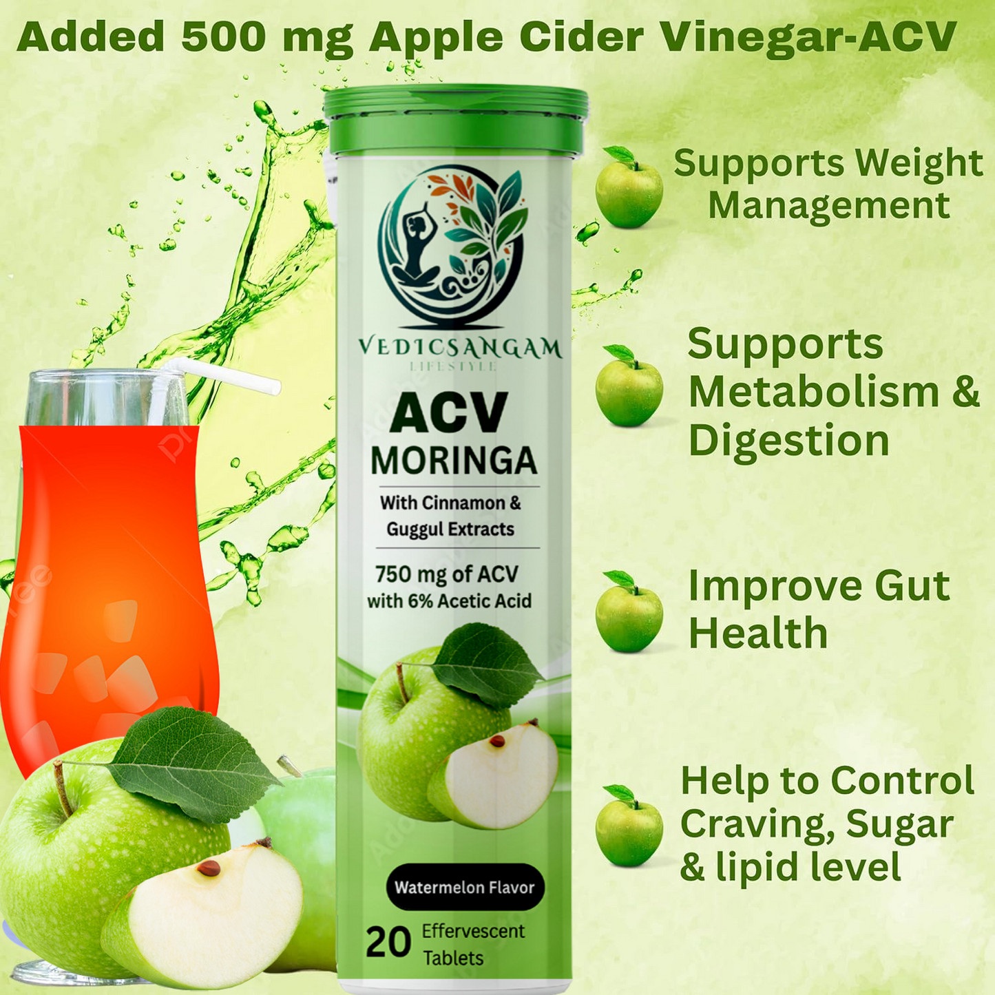 Apple Cider Vinegar Moringa | 3-in-1 Fat Oxidation for Weight Loss (60 tablets)