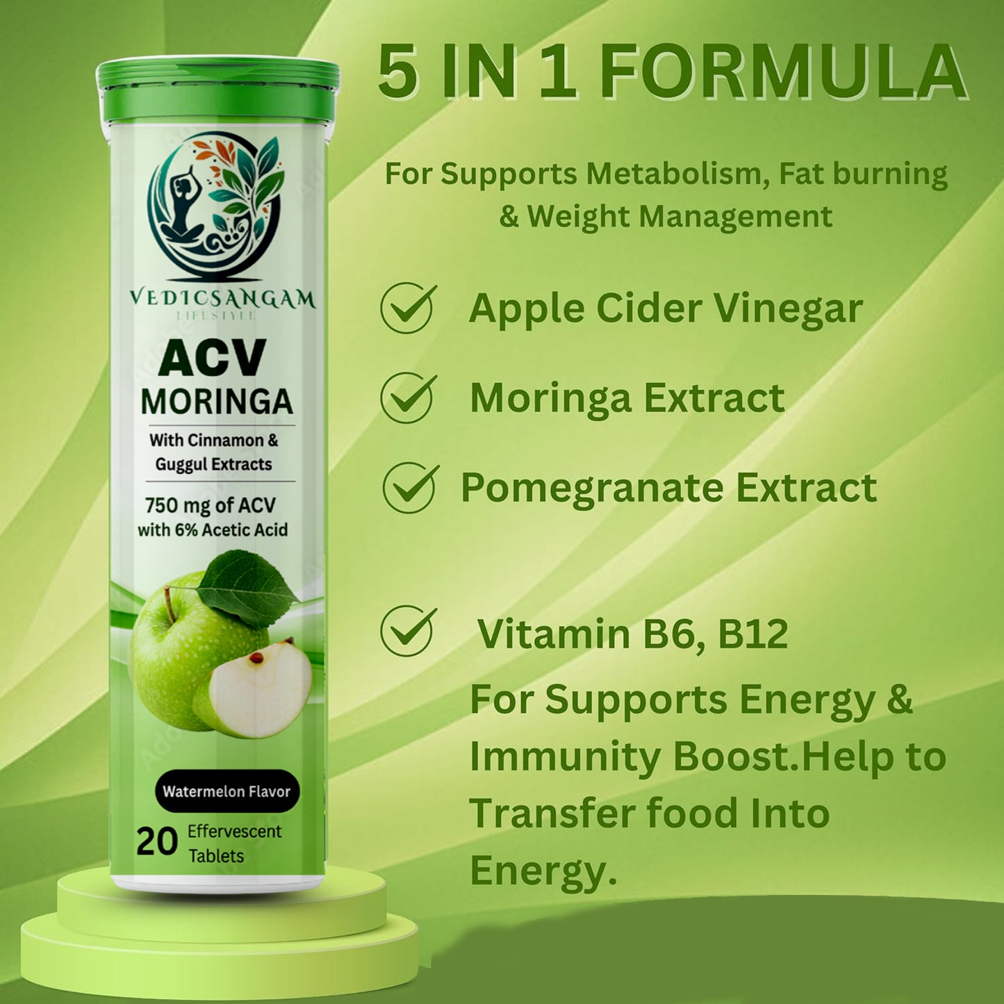 Apple Cider Vinegar Moringa | 3-in-1 Fat Oxidation for Weight Loss (60 tablets)