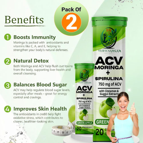 ACV Moringa & Spirulina Effervescent Tablets | Control Cravings | Apple Cider Vinegar, Cinnamon & Guggul | No Maltodextrin & No Added Sugar (PACK OF 2)